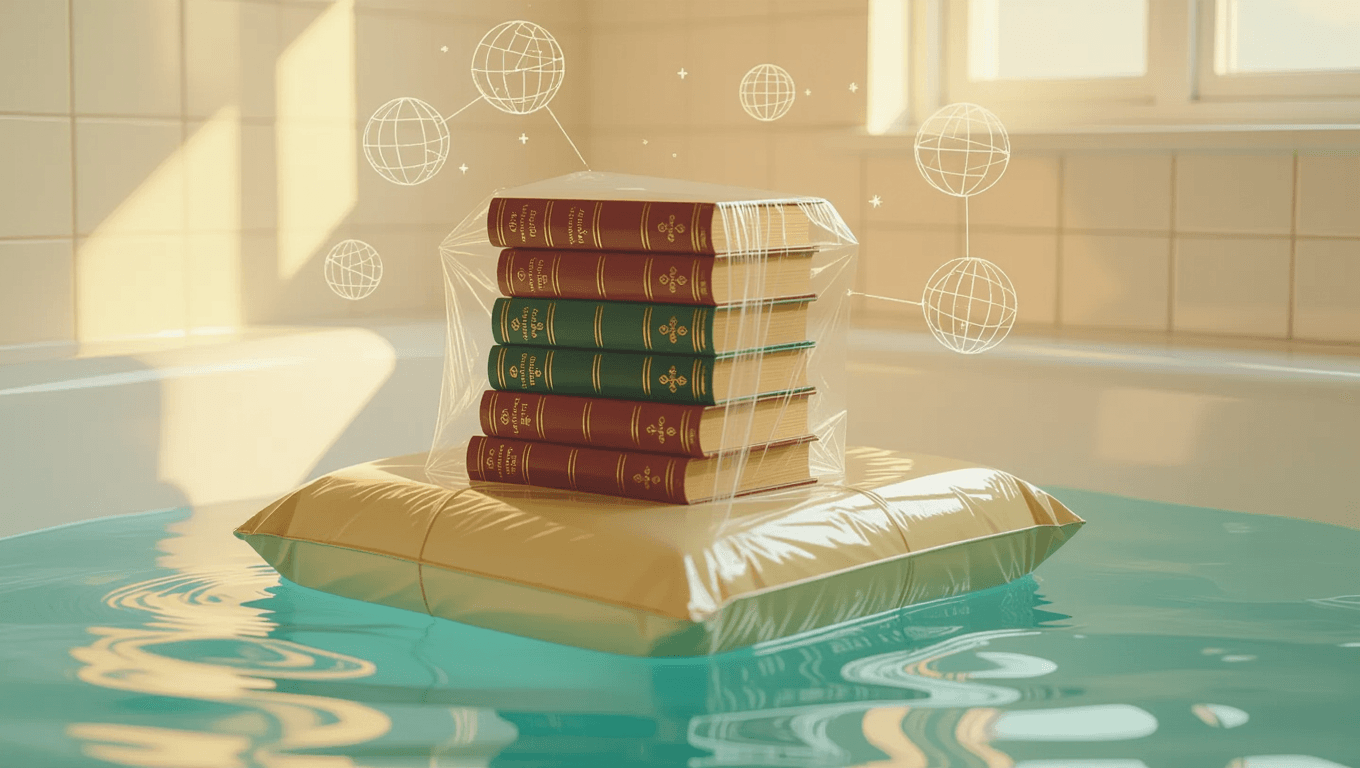 Surreal floating book raft in bathtub