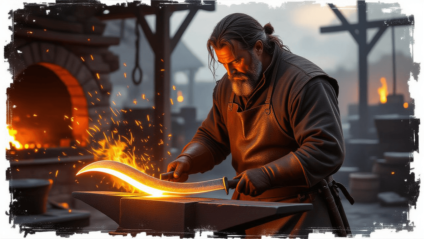 Medieval Blacksmith Crafting Curved Sword