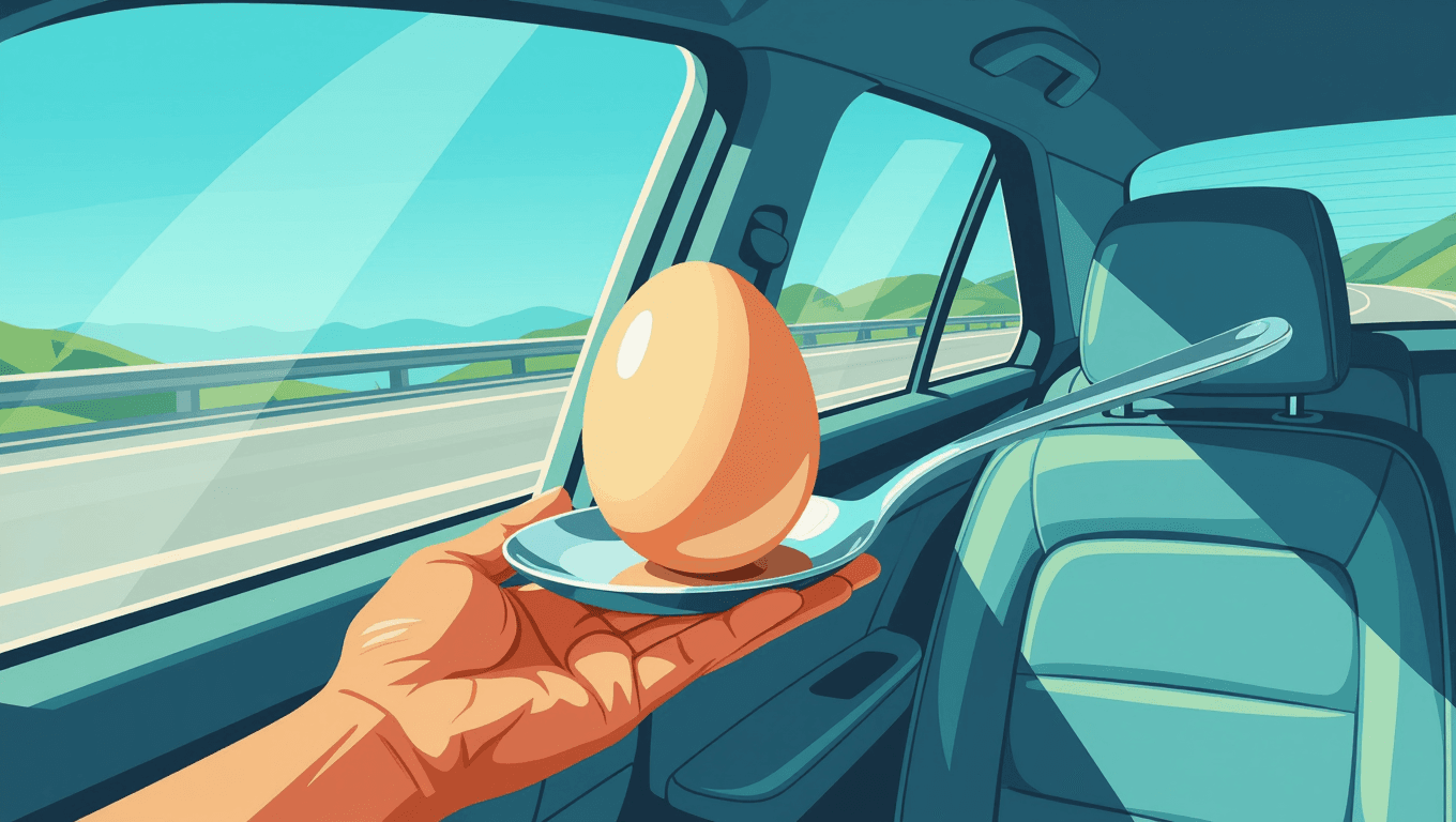 Egg balancing on spoon in moving car