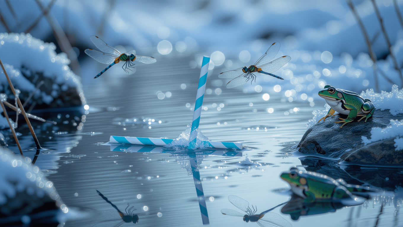Paper straw frozen in a winter pond