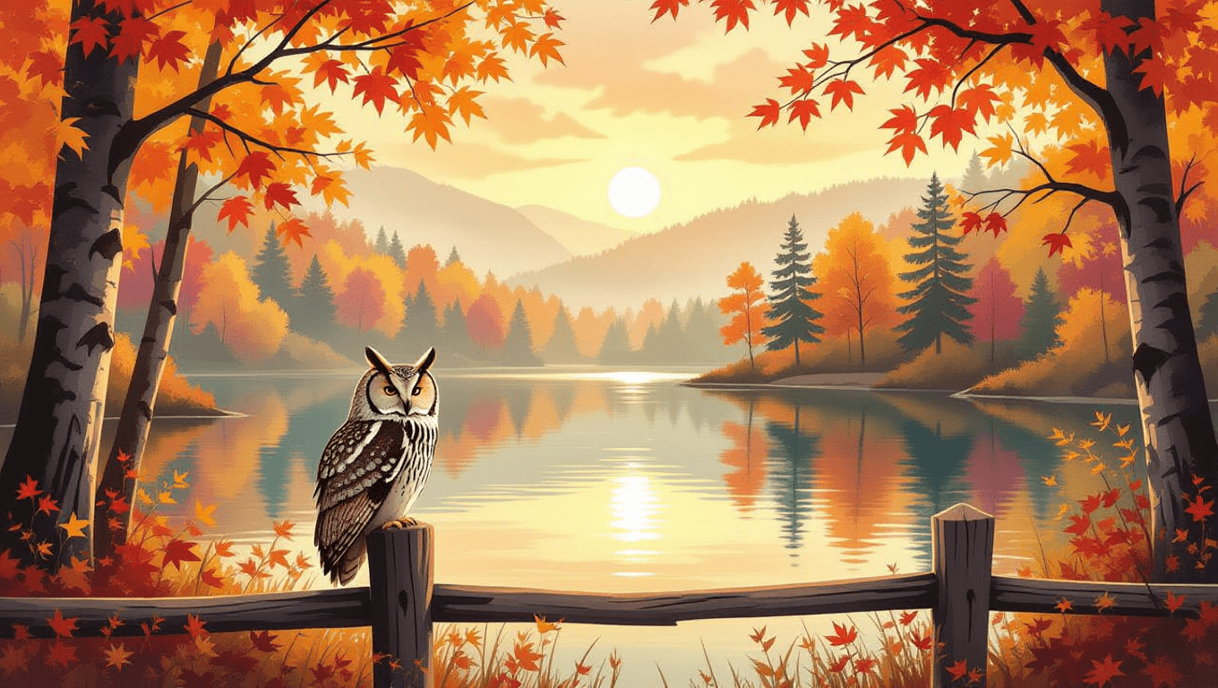 Tranquil autumn village and wise owl