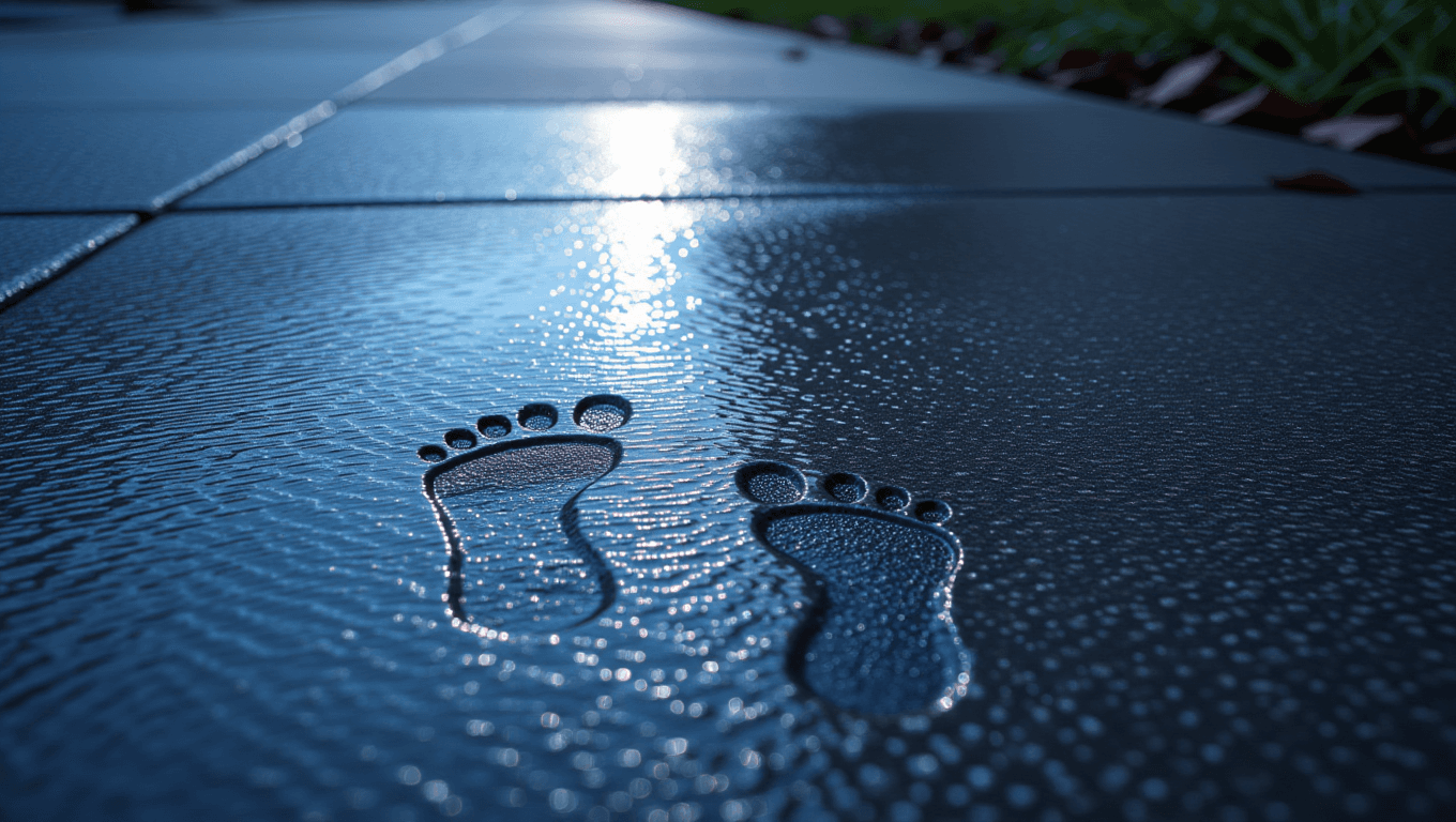 Ghostly footprints on humid concrete sidewalk