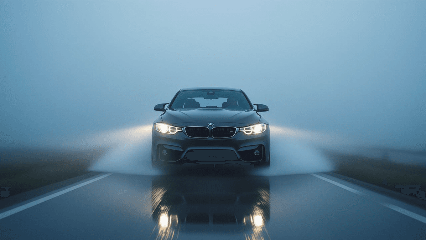 Car headlights battling dense swirling fog