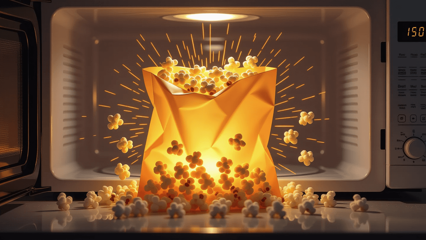 Lopsided popcorn bag revealing susceptor magic