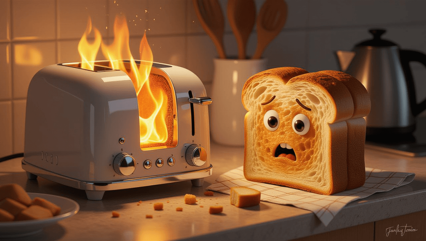 Whimsical toaster struggling with uneven toast