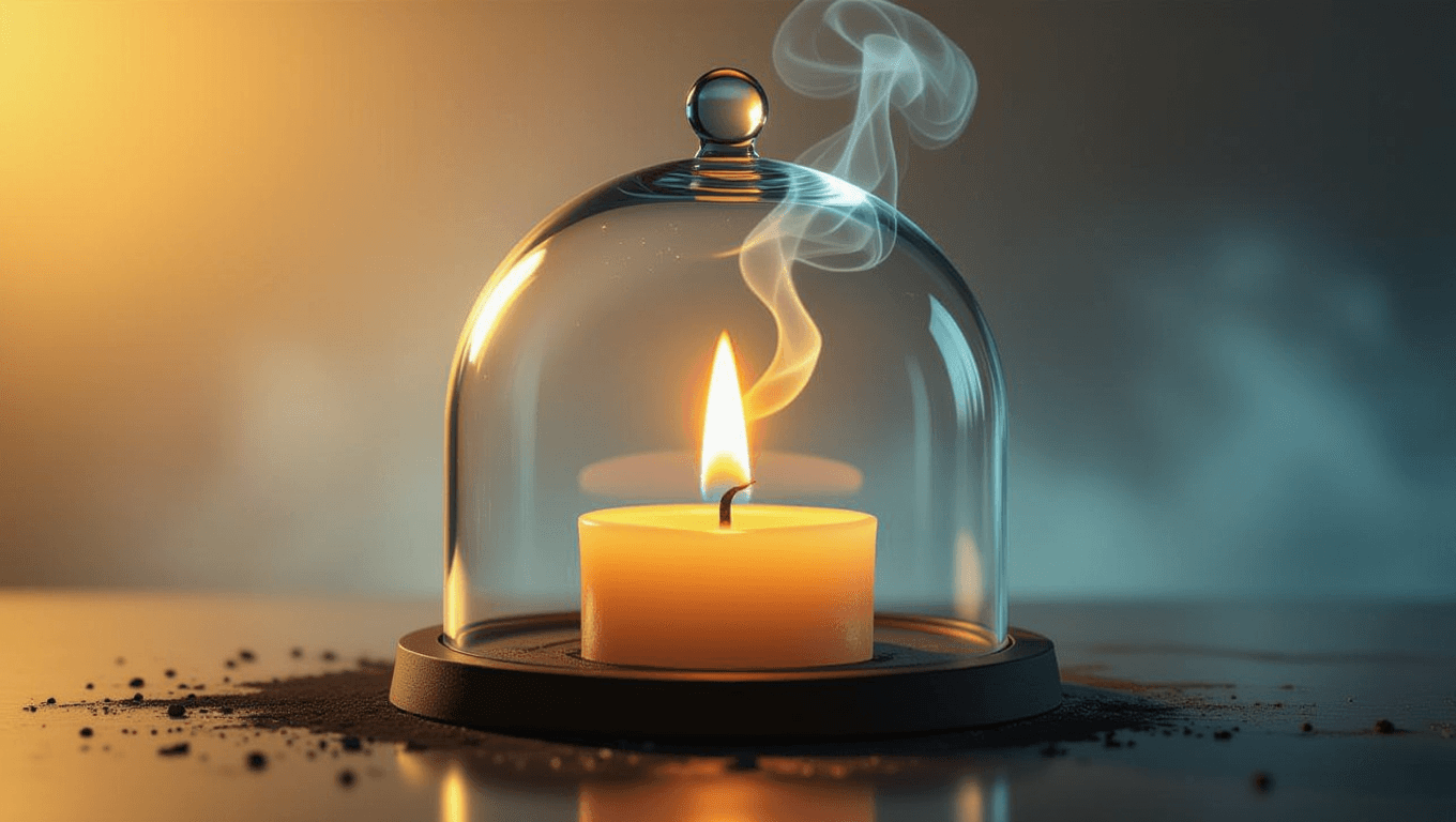 Candle flame flickering under a glass dome